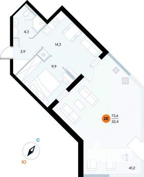 1-к квартира, строящийся дом, 73м2, 1/7 этаж