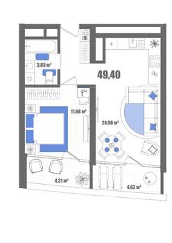 1-к квартира, строящийся дом, 49м2, 2/22 этаж
