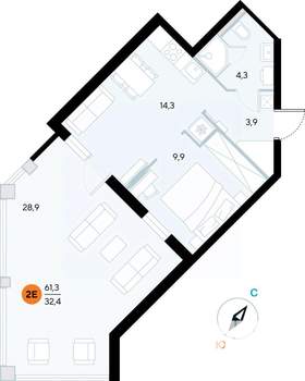 1-к квартира, строящийся дом, 61м2, 2/7 этаж
