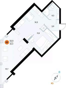 1-к квартира, строящийся дом, 52м2, 2/7 этаж