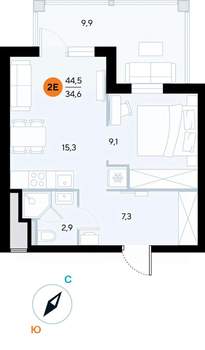 1-к квартира, строящийся дом, 45м2, 6/7 этаж