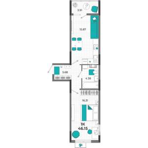 1-к квартира, вторичка, 46м2, 10/13 этаж