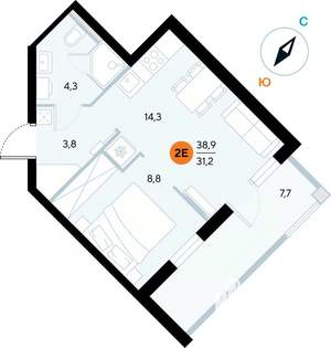 1-к квартира, строящийся дом, 39м2, 3/7 этаж