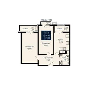 2-к квартира, вторичка, 60м2, 11/14 этаж