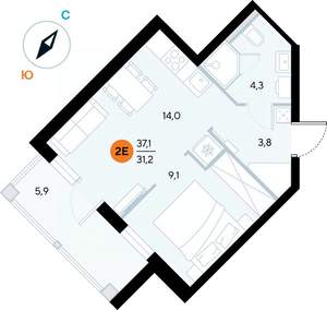 1-к квартира, строящийся дом, 37м2, 5/7 этаж