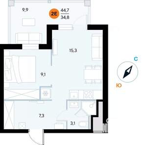 1-к квартира, строящийся дом, 45м2, 6/7 этаж