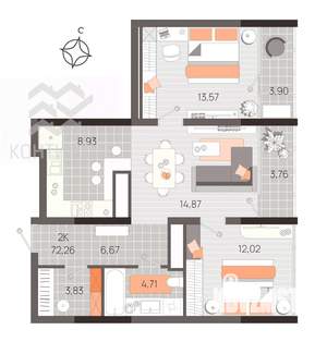 2-к квартира, вторичка, 72м2, 18/21 этаж