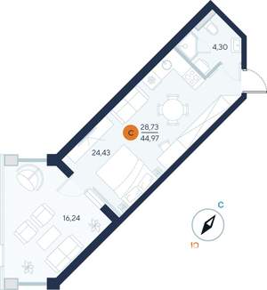 Студия квартира, строящийся дом, 45м2, 1/9 этаж