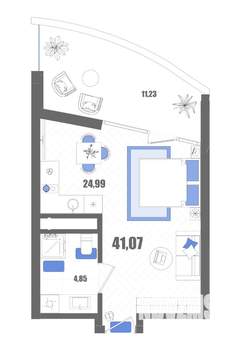 Студия квартира, строящийся дом, 41м2, 13/22 этаж