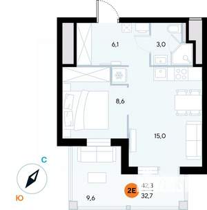 1-к квартира, строящийся дом, 42м2, 6/7 этаж