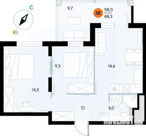 2-к квартира, строящийся дом, 58м2, 3/7 этаж