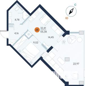 1-к квартира, строящийся дом, 55м2, 2/7 этаж