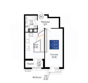 1-к квартира, вторичка, 41м2, 11/14 этаж