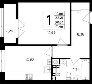 1-к квартира, строящийся дом, 44м2, 1/9 этаж