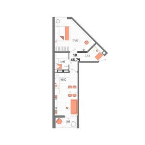 1-к квартира, строящийся дом, 47м2, 2/13 этаж