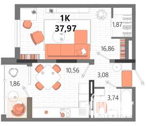 1-к квартира, вторичка, 38м2, 5/13 этаж