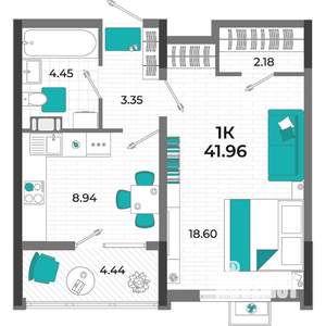 1-к квартира, вторичка, 42м2, 6/13 этаж