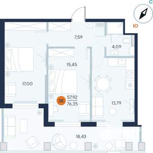2-к квартира, строящийся дом, 76м2, 1/9 этаж