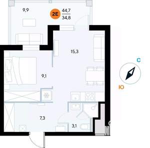 1-к квартира, строящийся дом, 45м2, 6/7 этаж