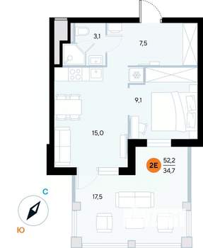 1-к квартира, строящийся дом, 52м2, 3/7 этаж