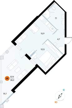 1-к квартира, строящийся дом, 58м2, 2/7 этаж