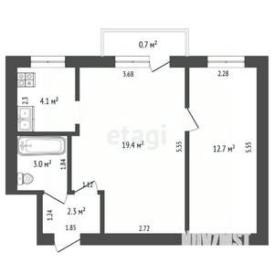 2-к квартира, вторичка, 42м2, 3/3 этаж