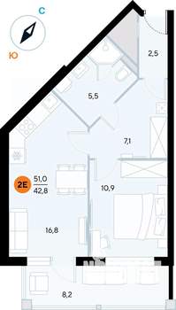 1-к квартира, строящийся дом, 51м2, 3/7 этаж