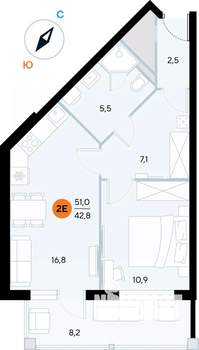1-к квартира, строящийся дом, 50м2, 5/7 этаж