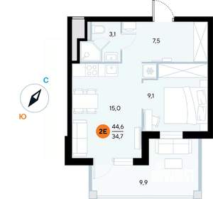 1-к квартира, строящийся дом, 44м2, 4/7 этаж