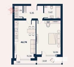 1-к квартира, вторичка, 47м2, 2/8 этаж