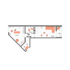 1-к квартира, строящийся дом, 47м2, 7/13 этаж