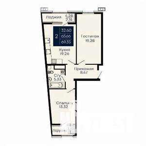 2-к квартира, вторичка, 69м2, 6/14 этаж