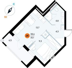 1-к квартира, строящийся дом, 39м2, 4/7 этаж
