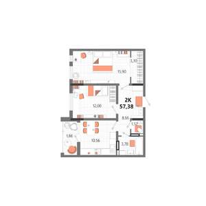 2-к квартира, вторичка, 57м2, 5/13 этаж