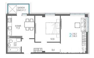 2-к квартира, вторичка, 56м2, 8/9 этаж