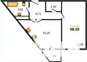 1-к квартира, сданный дом, 49м2, 4/6 этаж