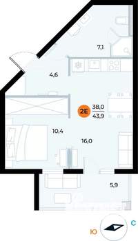 1-к квартира, вторичка, 44м2, 5/6 этаж