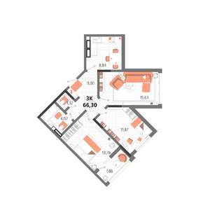 3-к квартира, строящийся дом, 66м2, 9/13 этаж