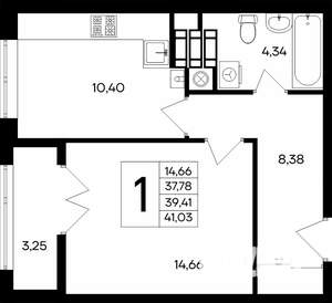 1-к квартира, строящийся дом, 41м2, 5/9 этаж