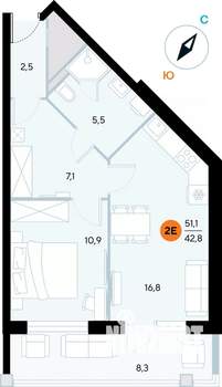 1-к квартира, строящийся дом, 50м2, 1/7 этаж