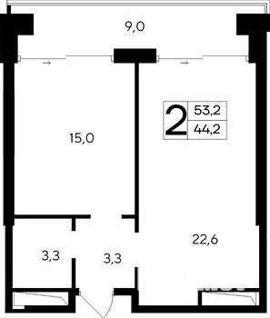 2-к квартира, строящийся дом, 53м2, 9/12 этаж