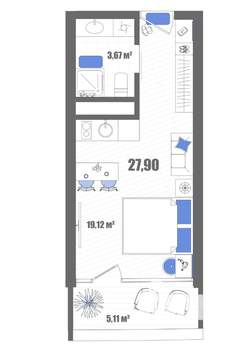 Студия квартира, строящийся дом, 28м2, 19/22 этаж