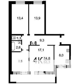 4-к квартира, вторичка, 74м2, 2/9 этаж