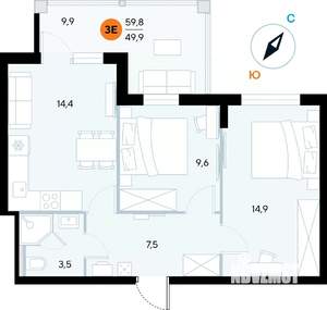 2-к квартира, строящийся дом, 60м2, 2/7 этаж