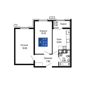 2-к квартира, вторичка, 58м2, 1/14 этаж