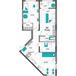 2-к квартира, вторичка, 71м2, 3/13 этаж