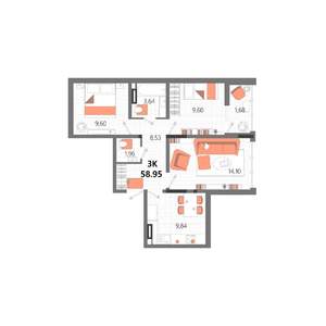 3-к квартира, строящийся дом, 59м2, 6/13 этаж