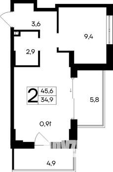 2-к квартира, строящийся дом, 46м2, 4/12 этаж