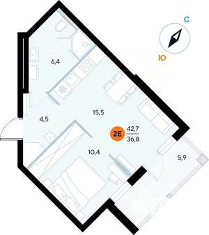 1-к квартира, строящийся дом, 43м2, 4/7 этаж