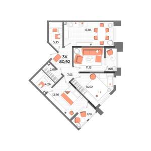 3-к квартира, строящийся дом, 76м2, 6/13 этаж